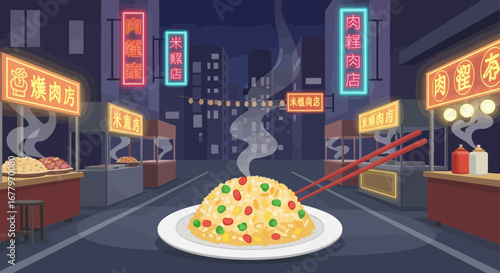 Vibrant asian food market street filled with street food vendor stalls illustration