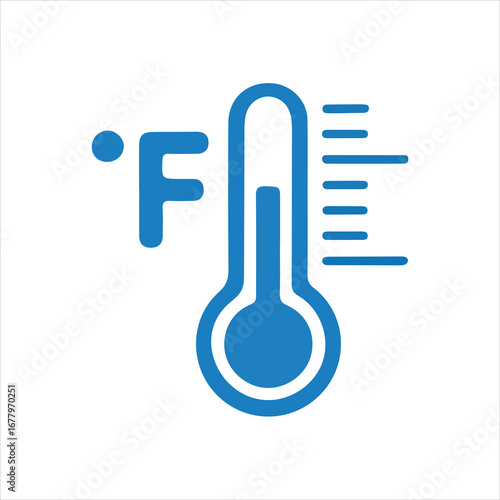 Blue Fahrenheit thermometer icon with temperature scale on white background measurement