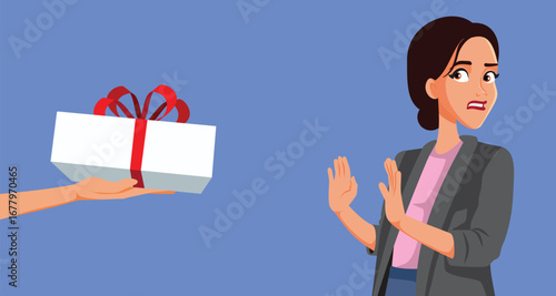 Unhappy Woman Refusing a Bribing Gift at Work Vector Cartoon. Businesswoman refusing influence peddling incentive from a corrupt person

