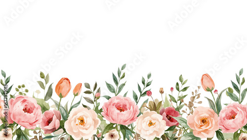 Elegant watercolor floral seamless border with soft pink and peach flowers and green leaves, a delicate botanical design on a white background