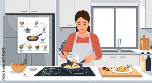 Home cooking enthusiast skillfully preparing a delicious pasta dish in a modern kitchen