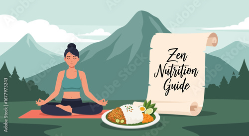 Harmonious wellbeing illustration merging mindful meditation with nourishment