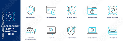 Cybersecurity & Data Protection Blue Colored Outline Icon Set