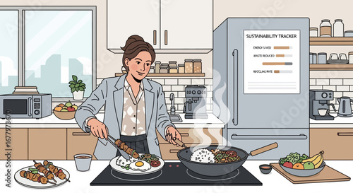 Woman Preparing a Meal in a Modern Kitchen with Sustainability Focus