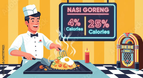 Chef cooking nasi goreng with calorie information in a retro-style diner