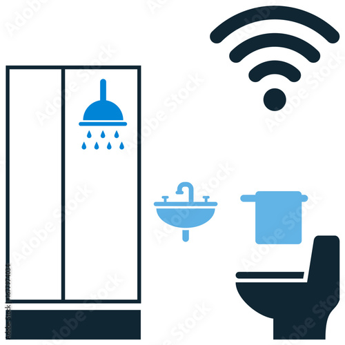 Smart bathroom icon vector for modern home, connected devices, and personal hygiene. Useful for illustrating a tech-friendly bathroom with automated functions and digital wellness.