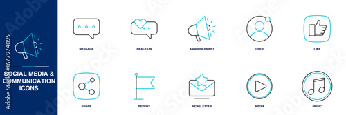 Social Media & Communication Blue Colored Outline Icon Set