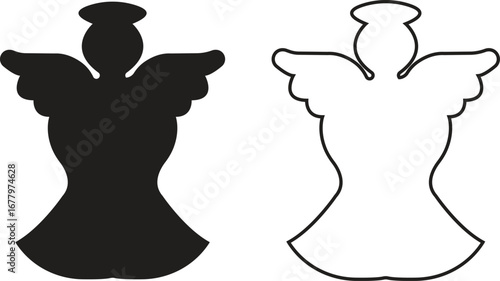 Angel silhouettes black flat, outline icons set. Holy spirit wings halo vectors collection, religious guardian celestial figure symbolic illustration for Christmas, faith, spirituality and heaven art.
