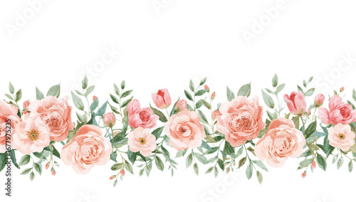 Soft pastel blush roses and peonies create a beautiful hand-painted watercolor horizontal botanical frame, ideal for charming design projects and elegant stationery