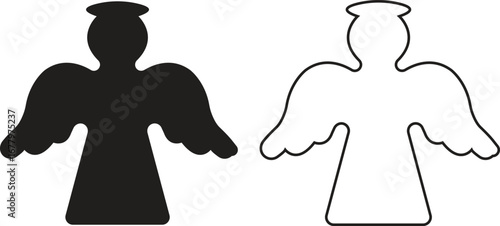 Angel silhouettes black flat, outline icons set. Holy spirit wings halo vectors collection, religious guardian celestial figure symbolic illustration for Christmas, faith, spirituality and heaven art.