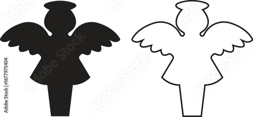 Angel silhouettes black flat, outline icons set. Holy spirit wings halo vectors collection, religious guardian celestial figure symbolic illustration for Christmas, faith, spirituality and heaven art.