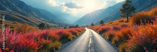 A winding road cuts through a vibrant, lush landscape, symbolizing a journey of discovery and growth The path ahead is unclear, yet full of potential , path, green, discovery