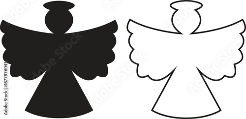Angel silhouettes black flat, outline icons set. Holy spirit wings halo vectors collection, religious guardian celestial figure symbolic illustration for Christmas, faith, spirituality and heaven art.