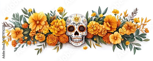 Colorful Day of the Dead Skull Surrounded by Marigolds