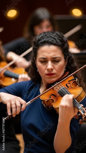 Violinist Performing Emotionally in an Orchestra Setting