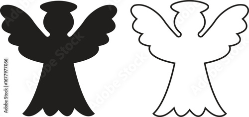 Angel silhouettes black flat, outline icons set. Holy spirit wings halo vectors collection, religious guardian celestial figure symbolic illustration for Christmas, faith, spirituality and heaven art.