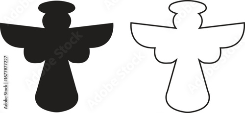 Angel silhouettes black flat, outline icons set. Holy spirit wings halo vectors collection, religious guardian celestial figure symbolic illustration for Christmas, faith, spirituality and heaven art.
