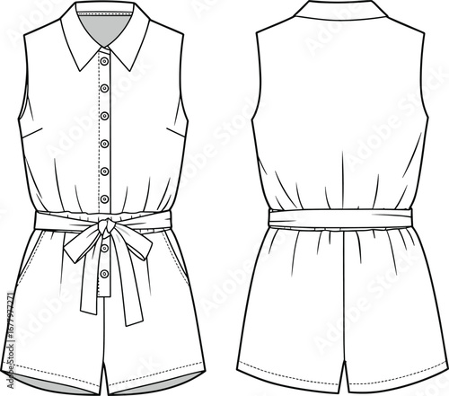 Sleeveless women romper flat sketch, front and back view, belted waist playsuit, technical fashion drawing, CAD drawing flat vector illustration.