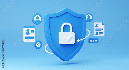 Data protection shield with personal information icons representing cybersecurity and privacy in digital network internet secure connection and access to data online
