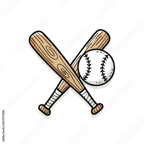 Crossed baseball bats and ball in a doodle style, representing the sport of baseball and outdoor activity