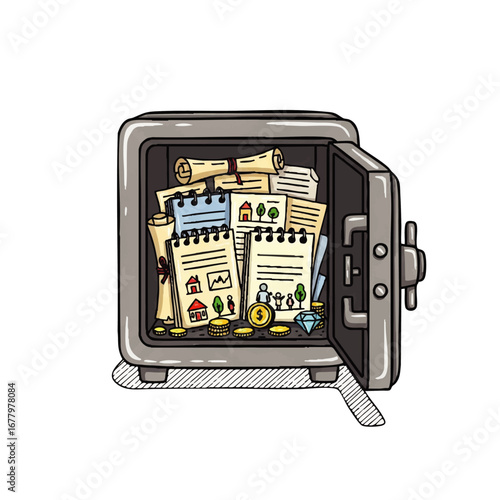 Illustration of an open safe filled with documents, sketches of houses, coins, and a diamond, symbolizing security and valuable assets
