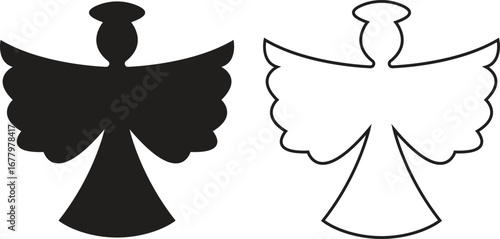 Angel silhouettes black flat, outline icons set. Holy spirit wings halo vectors collection, religious guardian celestial figure symbolic illustration for Christmas, faith, spirituality and heaven art.