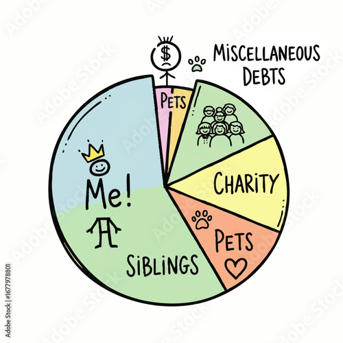 Conceptual illustration of financial planning and money distribution, depicting a colorful diagram of personal spending priorities and obligations