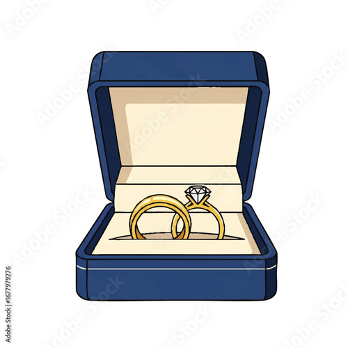 Golden wedding rings, including a brilliant diamond engagement ring, presented in an open blue case as a symbol of eternal love