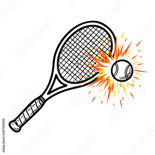 Dynamic vector illustration of a tennis racket smashing a ball with a powerful, explosive comic-style impact, isolated on a white background