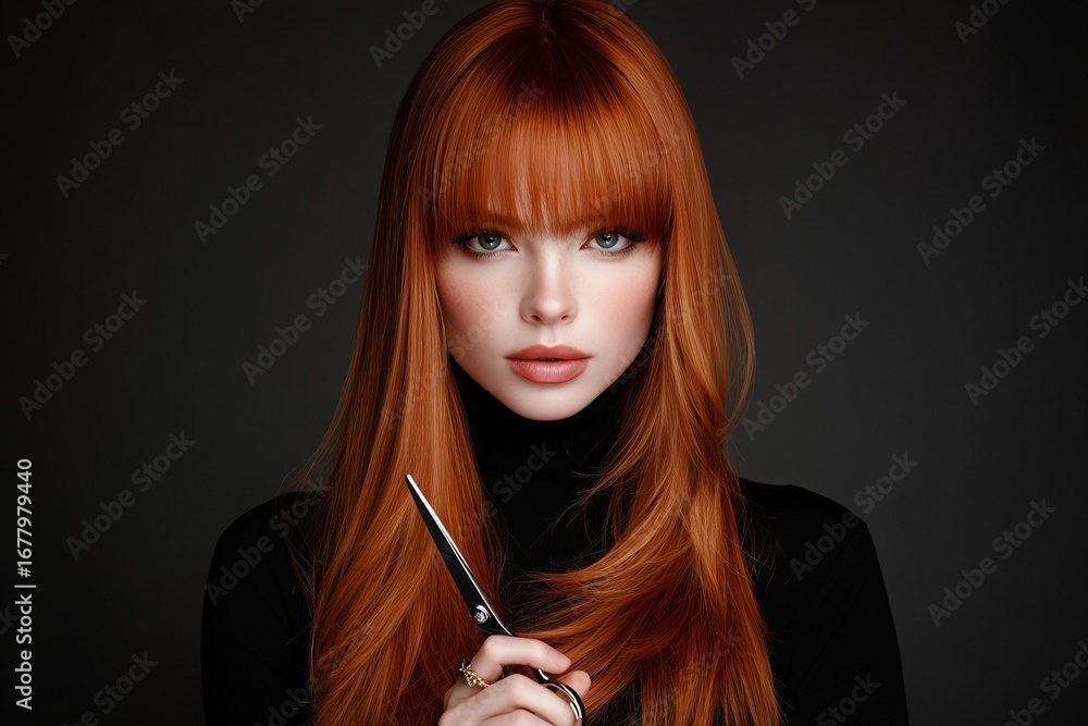 Obraz premium Close-up of a beautiful woman with long straight red hair and bangs holding scissors near her head, professional studio beauty portrait for hair salon advertising