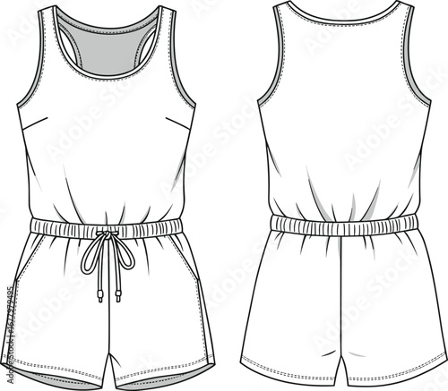 Sleeveless women’s casual romper with drawstring waist, sporty style flat sketch, front and back technical fashion cad illustration