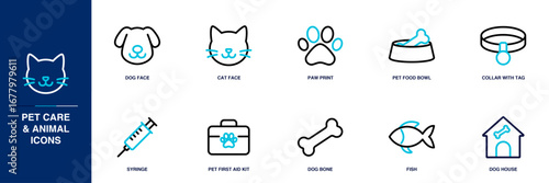Pet Care & Animal Blue Colored Outline Icon Set
