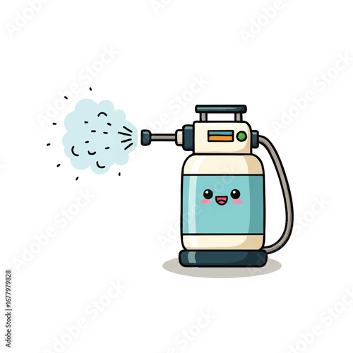 Charming animated sprayer character happily dispensing a refreshing mist, ideal for various home, garden, and pest control applications