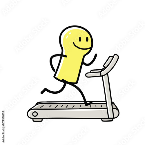 Happy yellow doodle character running on a treadmill, illustrating an energetic commitment to personal fitness, health, and an active lifestyle