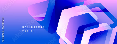 Abstract geometric shapes overlap, creating vibrant blue, purple gradients. Modern design elements suggest technology, innovation. Smooth transitions define composition.
