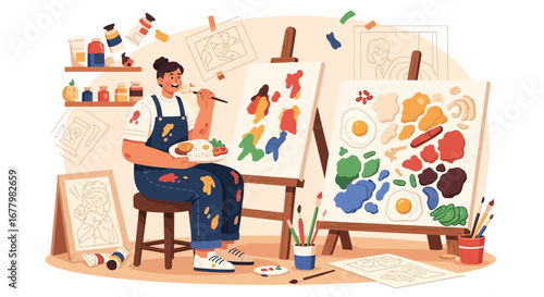 Artistic lifestyle portraying a painter immersed in culinary-inspired art studio