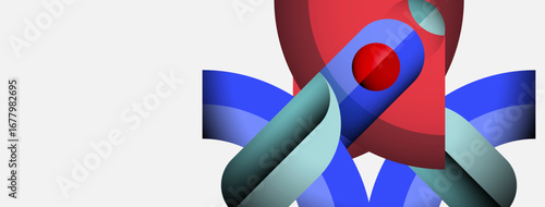 Abstract design features intertwined ribbons, red sphere. Modern, vibrant colors create dynamic visual impact. Clean background emphasizes form.
