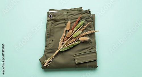 Olive Green Pants with Dried Flowers on Light Blue Background