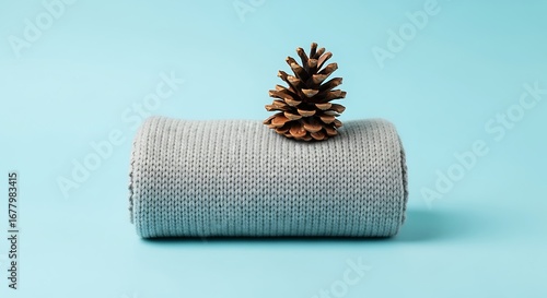 Rolled Gray Knit Scarf with Pinecone on Light Blue Background