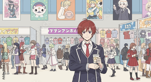 Anime convention bustling with enthusiastic fans and vibrant merchandise stalls