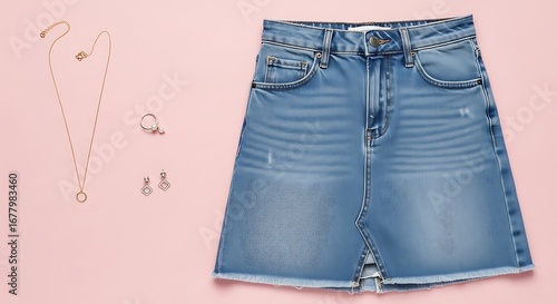 Denim Mini Skirt with Gold Jewelry on Pink Background