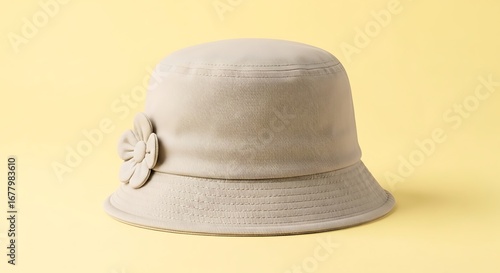 Stylish Beige Bucket Hat with Flower on Soft Yellow Background