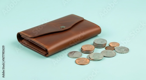 Brown Leather Wallet and Scattered Coins on Light Blue Surface