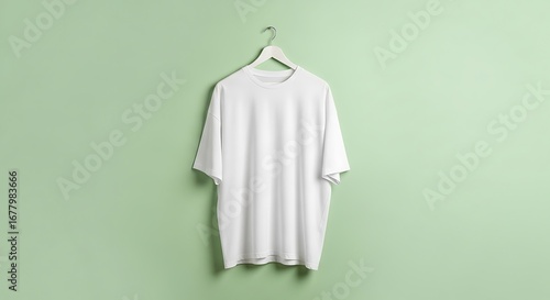 White Oversized T-shirt Hanging on Wooden Hanger Against Light Green Wall