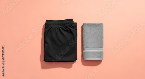 Folded Black Shorts and Gray Towel on Light Orange Surface