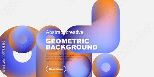 Abstract geometric background features vibrant orange, blue shapes. Text overlay includes geometric background, plus sample text, button.