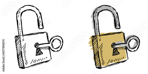 Grunge hand drawn sketch unlock padlock vector for security, access, and digital privacy. Useful for illustrating a rough, hand-drawn look for an open system or a password.