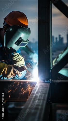 Welder working on steel structure at sunset in urban setting