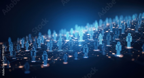 Abstract digital network of glowing blue human silhouettes