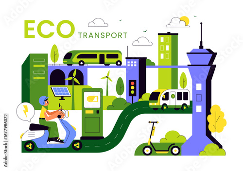 Eco Friendly Transportation Illustration featuring the Combination of Multiple Travel Modes for Efficiency in Urban Transport Methods in a Background